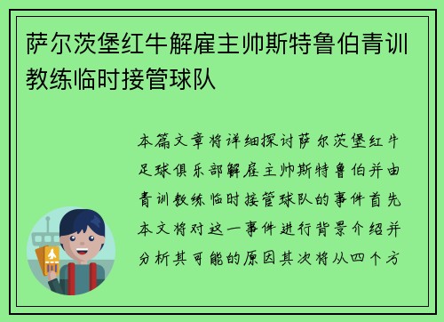 萨尔茨堡红牛解雇主帅斯特鲁伯青训教练临时接管球队